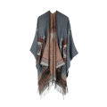 Damen indisch bedruckte Quaste vorne offen Poncho Cape Strickjacke Wickelschal Faux Wendbare warme Strickjacke Stola Capes